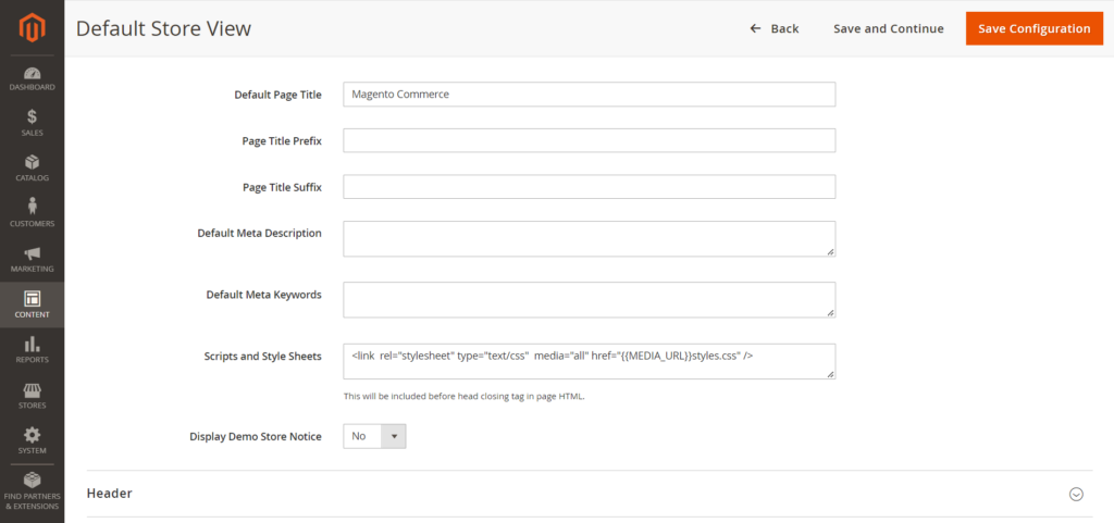 Meta data - Magento store homepage