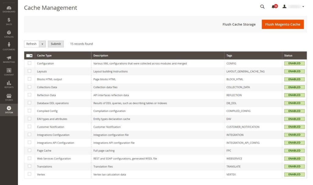 Enabling Magento Cache Management