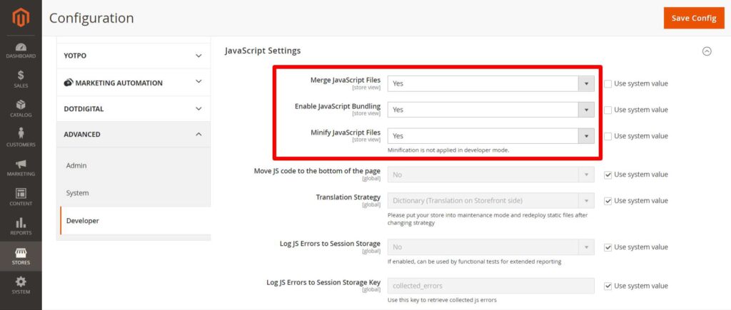 Speed up Magento 2: Javascript settings