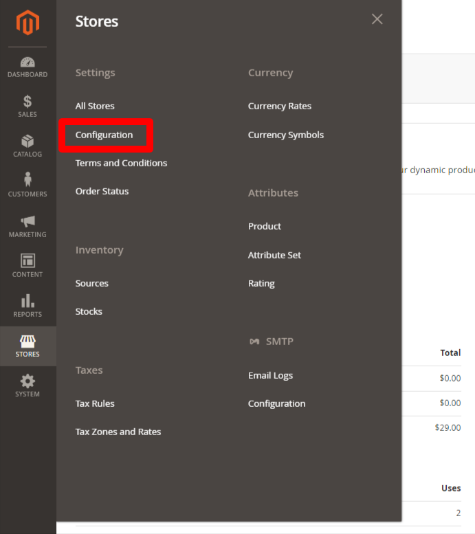 Stores > Settings > Configuration