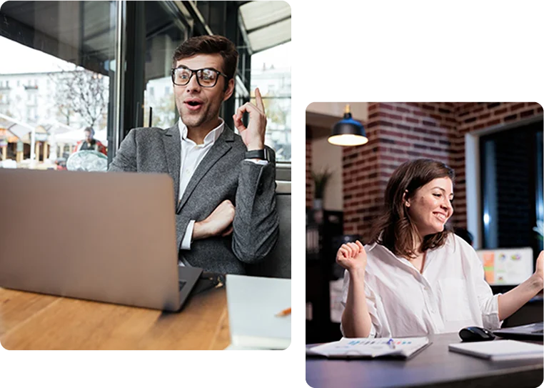 A group of image with a man enjoying the work and women feeling happy at workplace.