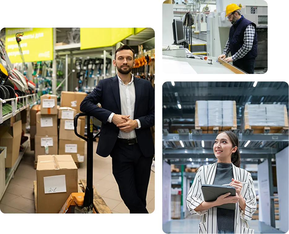 Group of images with a man in a warehouse resting his hand on a machine and a woman smiling while working on a tablet