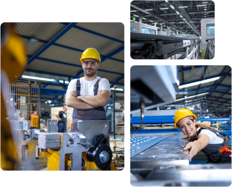 Manufacturer employee in a yellow cap standing in front of machines.