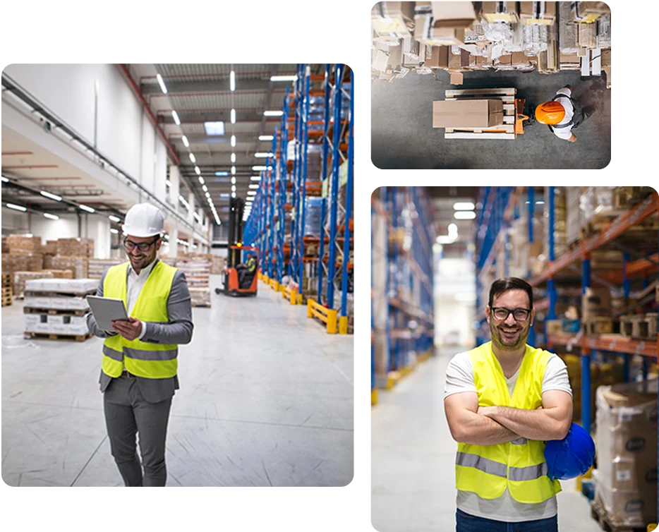 A wholesale employee looking at his sheet and smiling, with neatly arranged boxes and a forklift in the background.