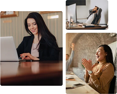 A group of images with a woman smiling while working, a man leaning on his chair in his creative space and a man smiling at something while working.