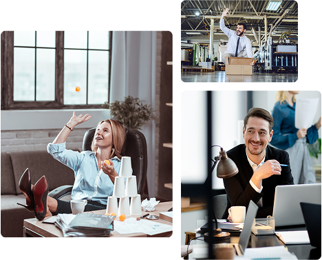 A group of images with a woman enjoying her creative space, a man waving and smiling, A man smiling at something while working.