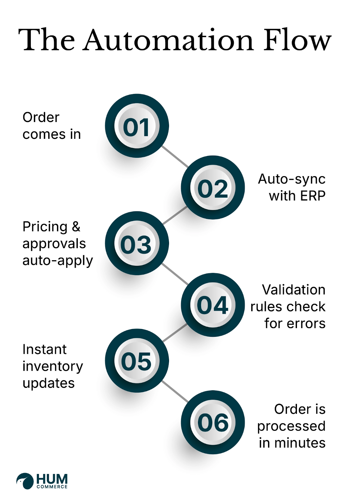 Step-by-step infographic on B2B workflow automation, detailing ERP order sync, AI data verification, and inventory updates.
